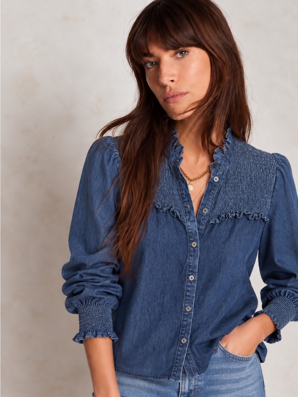 Boden Blue Denim Smocked Yoke Button-Down Shirt